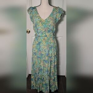 Fyve Floral Boho Midi Dress Womens M Green Tropical Flutter Sleeve Side Cutout
